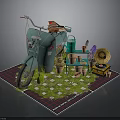 Vintage Green Motorcycle Decorative Display With Flower Pots Gramophone And Checkerboard Grass On Plaid Rug