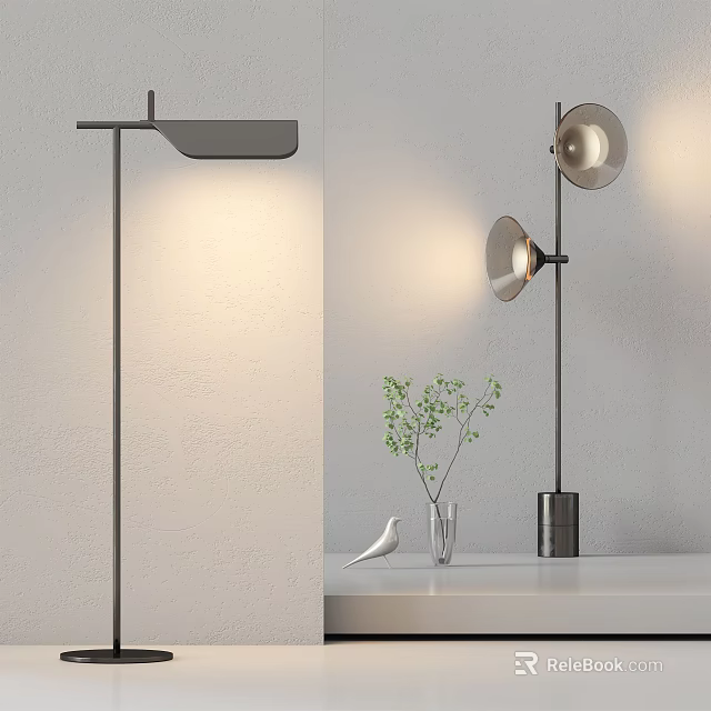 Modern Floor Lamp Design With Plant Vase And Bird Decor In Minimalist Interior 3d model 