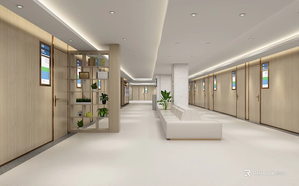 Bright Spacious Corridor Interior With Wooden Doors Windows White Sofa And Green Plants 3d model 