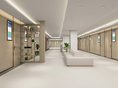 Bright Spacious Corridor Interior With Wooden Doors Windows White Sofa And Green Plants 3d model