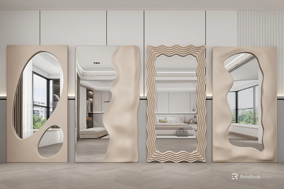 Modern Decorative Mirrors With Unique Shapes And Frame Designs In Interior Space 3d model 