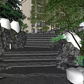 Natural Stone Stairs In Outdoor Garden With Lush Greenery And Rocks