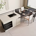 Modern Kitchen Dining Table And Chairs Set With White Countertop Sink Dishes And Green Plant