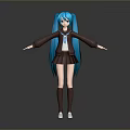 3D Model Girl With Long Blue Hair In Brown School Uniform And White Shoes
