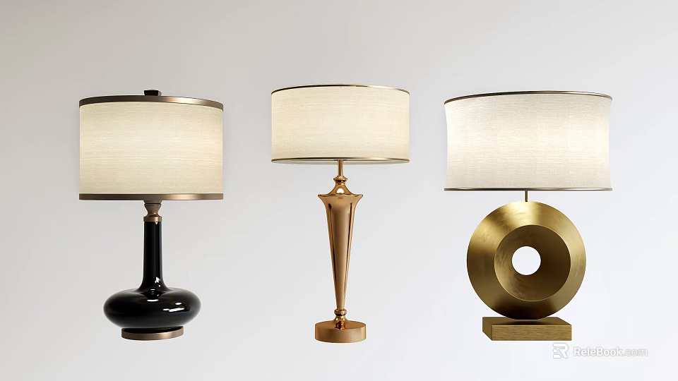 Three Modern Table Lamps With Various Shaped Base Black Gold Color And Fabric Shade 3d model