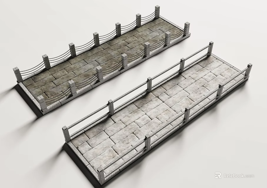 Landscape Bridge Design With Stone Paved Walkway And Decorative Metal Railings 3d model 