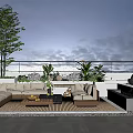 Relaxing Rooftop Garden Design With Sofa Seating Plants Stone Floor And Evening Sky