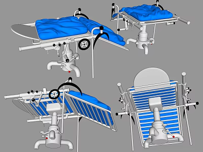 Adjustable Medical Operating Table with Blue Mattress Wheels and Multiple Angles Design 3d model