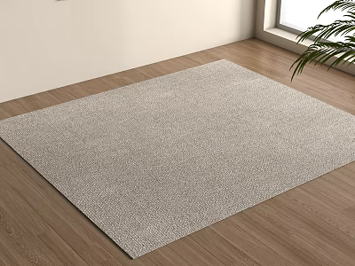 Light Gray Textured Square Rug On Wooden Floor With White Wall And Green Plant 3d model
