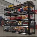 Organized Garage With Metal Shelves Storage Boxes Tools And Oil Cans
