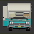 Vintage Blue And White Car Towing Retro Trailer With Reflective Surface