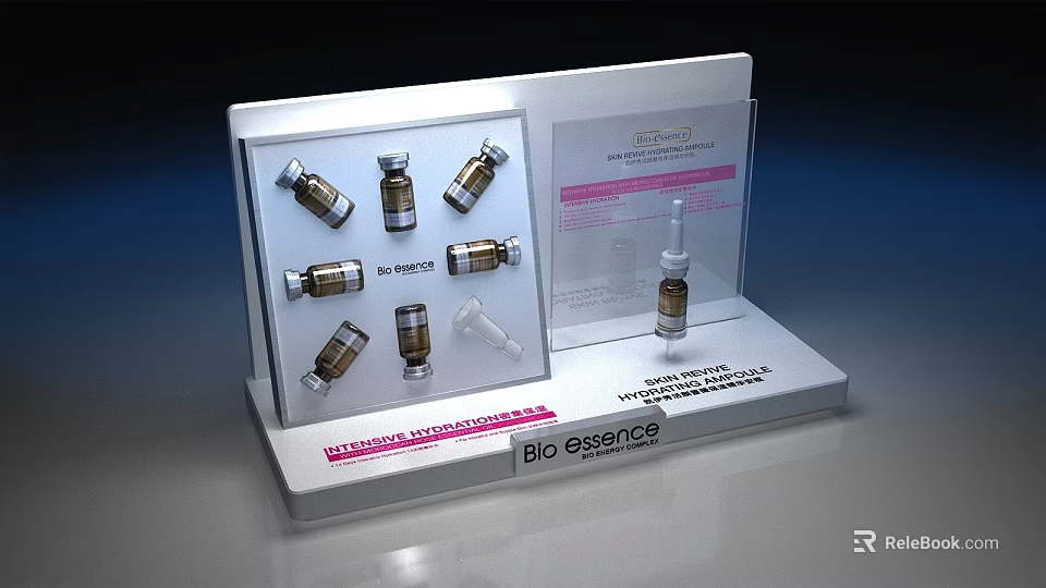 BIO ESSENCE Display Stand Featuring Multiple Ampoules Innovation Research Center And Front Larger Bottle 3d model 