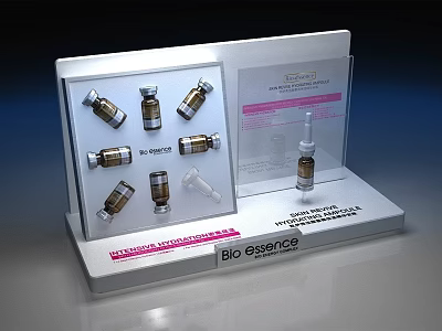 BIO ESSENCE Display Stand Featuring Multiple Ampoules Innovation Research Center And Front Larger Bottle 3d model