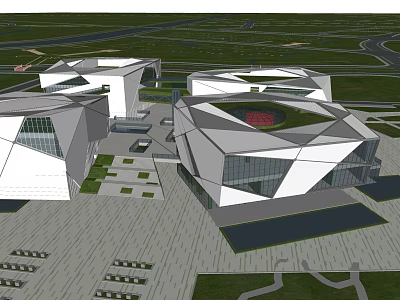 Modern Geometric Architecture Complex With Green Roofs Glass Facades And Open Spaces 3d model