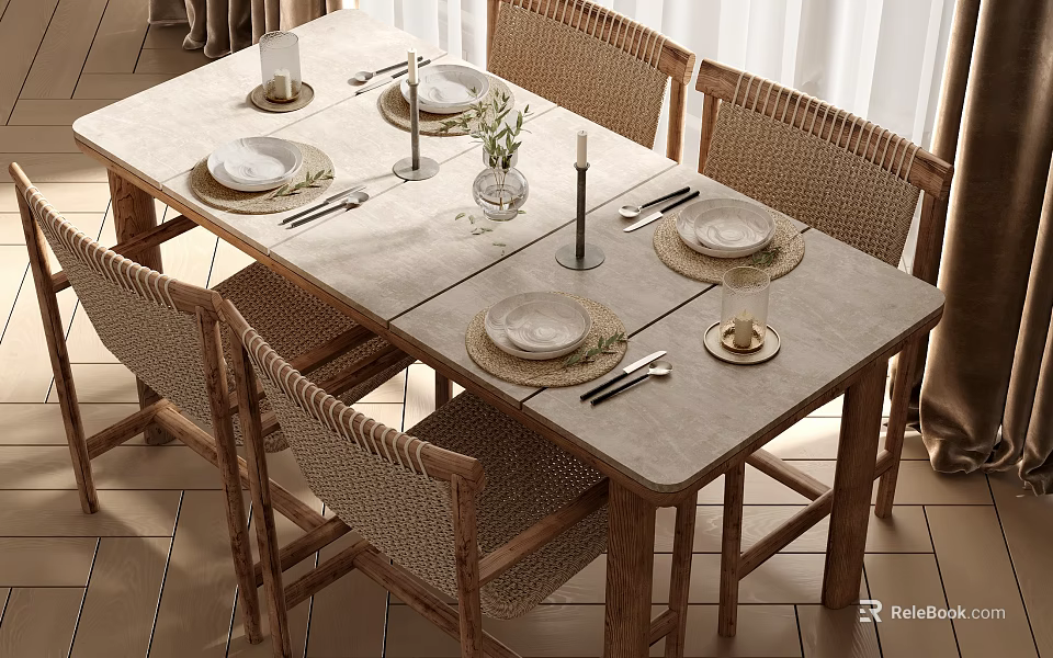 Natural Wooden Dining Table Set With Woven Chairs Vase And Tableware 3d model 