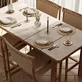 Natural Wooden Dining Table Set With Woven Chairs Vase And Tableware