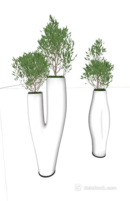 White Modern Bonsai Planters With Lush Green Foliage And Curved Shape Design 3d model 