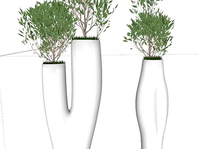 White Modern Bonsai Planters With Lush Green Foliage And Curved Shape Design 3d model