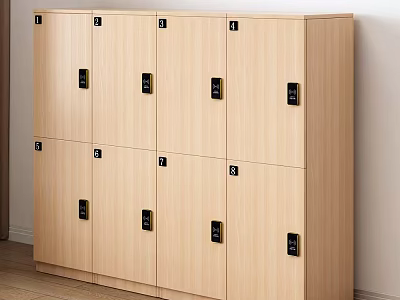 Simple Wooden Wardrobe With Multiple Cabinet Doors And Black Handles In Light Wood 3d model