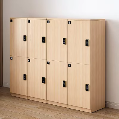 Simple Wooden Wardrobe With Multiple Cabinet Doors And Black Handles In Light Wood 3d model