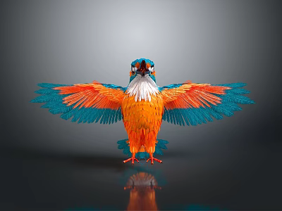 Vibrant Kingfisher with Orange and Blue Feathers Spread Wings Standing on Black Surface Grey Background 3d model