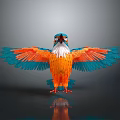 Vibrant Kingfisher with Orange and Blue Feathers Spread Wings Standing on Black Surface Grey Background