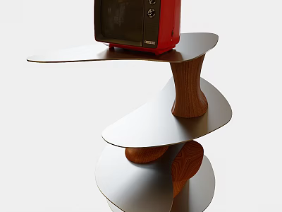 A Spiral Designed Coffee Table With Wooden Structure White Top And Red Microwave 3d model