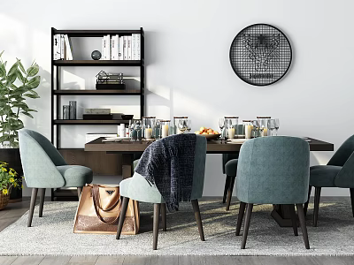 Modern Dining Table Set With Teal Chairs Wooden Table Bookshelf And Circular Wall Decor Items 3d model