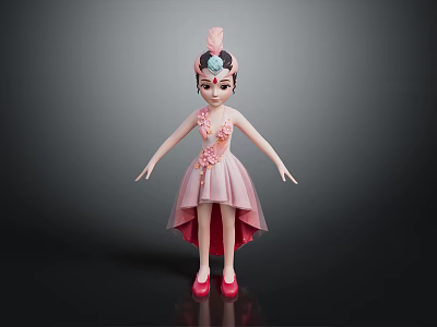 Female Character Wearing Pink Dress with Feather Head Decoration Flower Patterns and Red Shoes 3d model