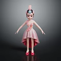 Female Character Wearing Pink Dress with Feather Head Decoration Flower Patterns and Red Shoes