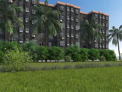 Multi story Rural Self built House Surrounded by Palm Trees and Green Lawn 3d model