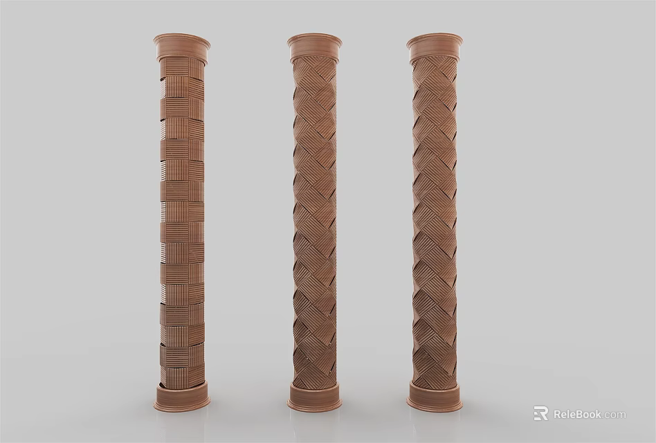 Three Brown Decorative Columns With Intricate Braided Texture for Interior Design 3d model 
