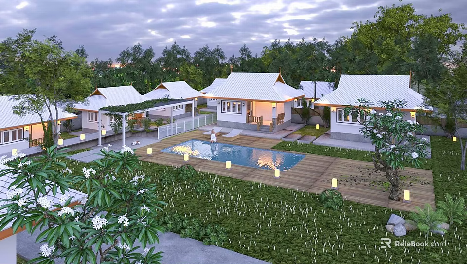 Charming Homestay Building With White Roofs Garden Pool And Lush Greenery 3d model 