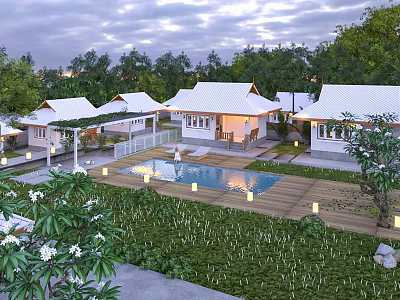 Charming Homestay Building With White Roofs Garden Pool And Lush Greenery 3d model
