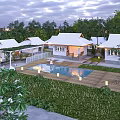 Charming Homestay Building With White Roofs Garden Pool And Lush Greenery
