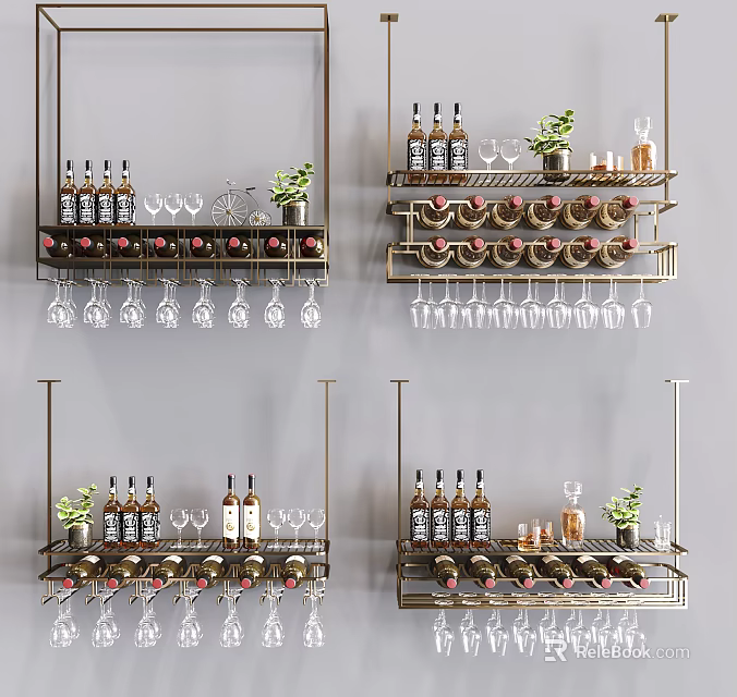 Modern Stylish Wine Cabinet with Bottles Glasses and Green Plants on Multi tiered Shelves 3d model 