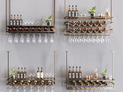 Modern Stylish Wine Cabinet with Bottles Glasses and Green Plants on Multi tiered Shelves 3d model