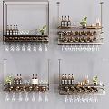 Modern Stylish Wine Cabinet with Bottles Glasses and Green Plants on Multi tiered Shelves