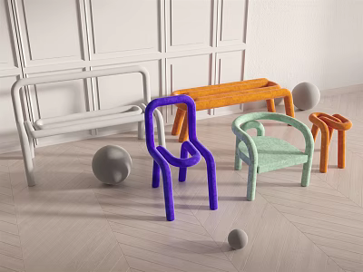 Colorful Modern Leisure Chairs With Decorative Spheres In Light Interior Space 3d model