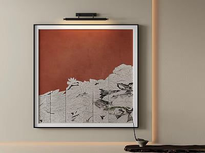 Abstract Wall Art With Red Background Black White Mountain Patterns In Minimalist Interior 3d model