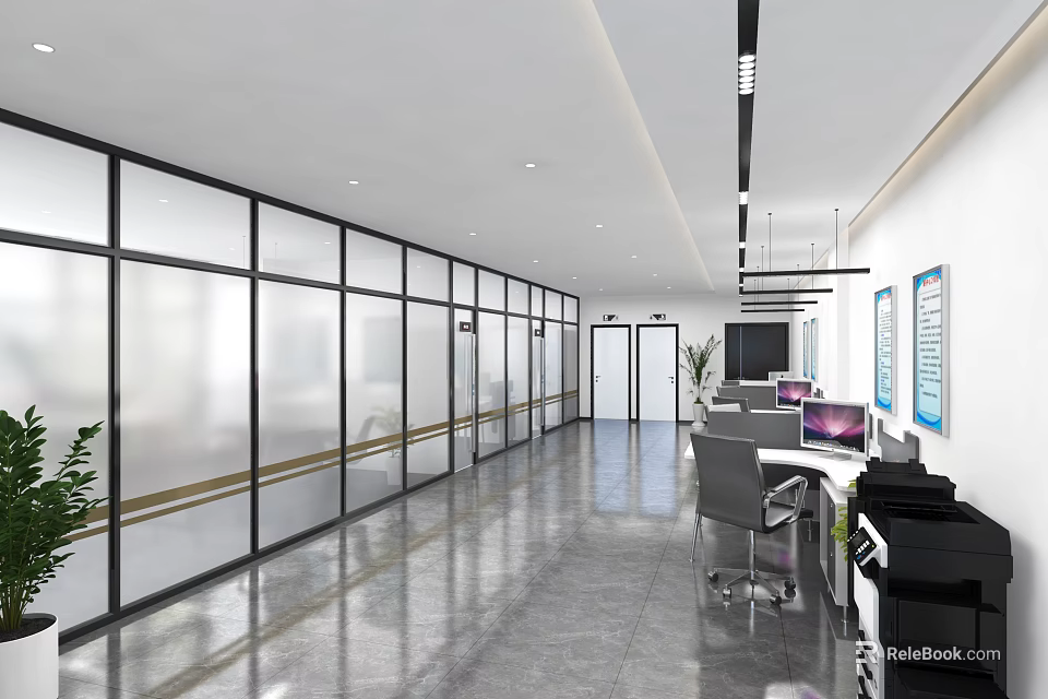 Modern Spacious Office Interior With Glass Partitions Desks Computers Chairs And Plants 3d model 