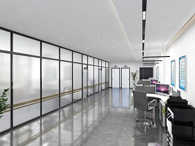 Modern Spacious Office Interior With Glass Partitions Desks Computers Chairs And Plants 3d model