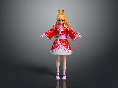 Game Anime Character With Orange Hair Fox Ears Red Kimono White Skirt And Pink Shoes 3d model