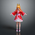 Game Anime Character With Orange Hair Fox Ears Red Kimono White Skirt And Pink Shoes