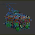 Vintage Yellow Blue Trolley Bus Featuring Roof Power Lines And Front Headlights Design