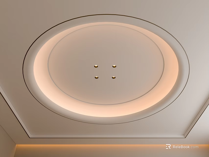 Modern Minimalist White Ceiling Design With Circular Recessed Lights And LED Strip 3d model 