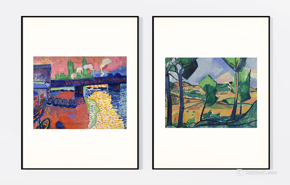 Two Framed Landscape Paintings Featuring Bridge River Buildings Trees Hills And Fields 3d model 