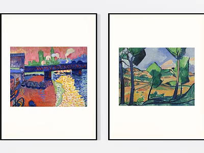 Two Framed Landscape Paintings Featuring Bridge River Buildings Trees Hills And Fields 3d model