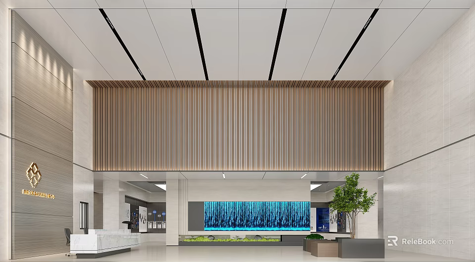 Modern Minimalist Office Lobby Reception With White Marble Counter Wooden Grille Decor And Indoor Greenery 3d model 