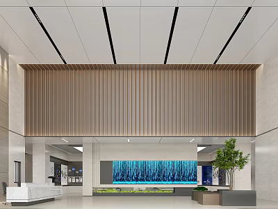 Modern Minimalist Office Lobby Reception With White Marble Counter Wooden Grille Decor And Indoor Greenery 3d model